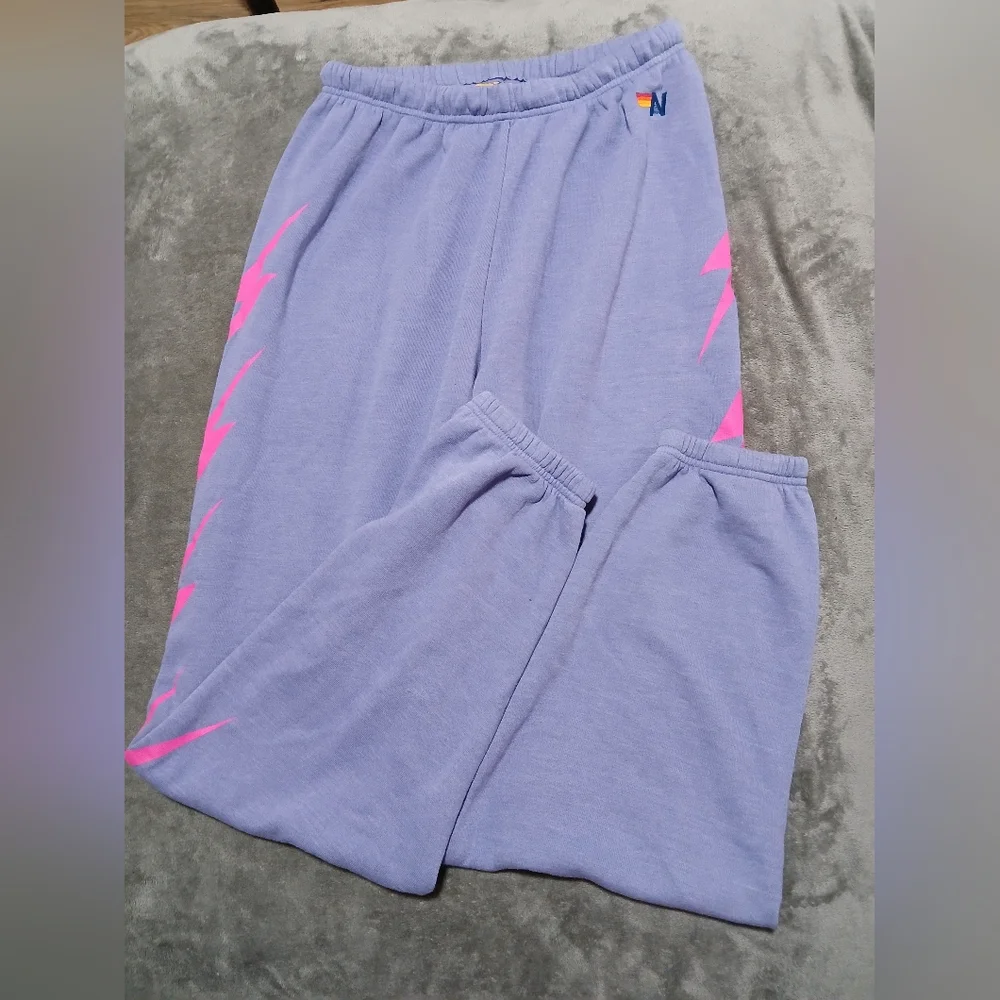 Aviator Nation Lavender Sweatpants with Pink Lightning Bolts - Picture 2 of 8